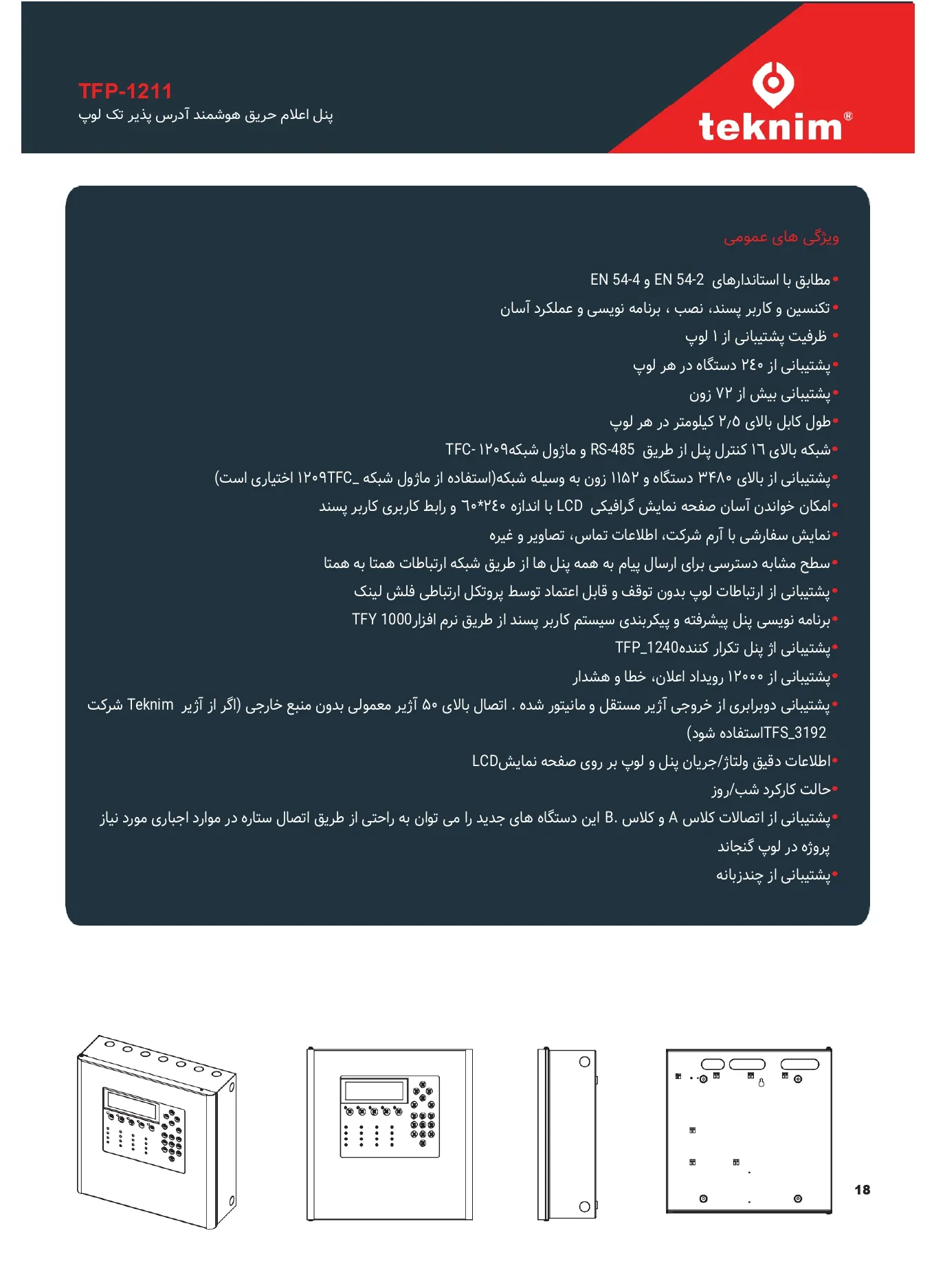 پنل اعلام حریق هوشمند آدرس پذیر تک لوپ مدل TFP_1211